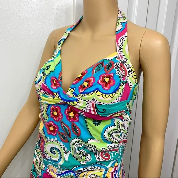 Anne Cole Multicolor Floral Paisley Tankini Halter Ruched Bikini Top size L - Picture 4 of 8